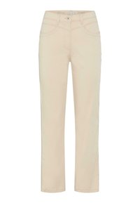 Pantaloni in cotone beige con taglio dritto, dotati di tasche anteriori e posteriori, passanti per cintura e chiusura con un solo bottone. Texture liscia.