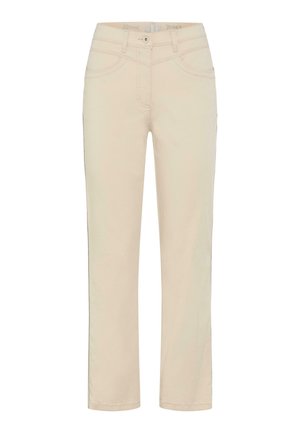 Beige katoenen broek met een rechte snit, voorzien van voor- en achterzakken, riemlussen en een enkele knoopsluiting. Gladde textuur.