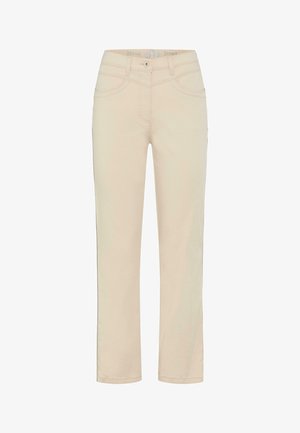 Beige katoenen broek met een rechte snit, voorzien van voor- en achterzakken, riemlussen en een enkele knoopsluiting. Gladde textuur.