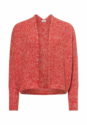Rode gebreide cardigan met een open voorkant, lange mouwen en een zachte textuur. Heeft een subtiel gemengd kleurenpatroon over het hele stuk.