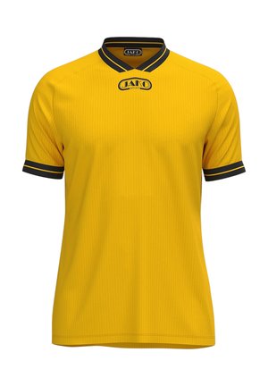 Gelbes Sportshirt mit kurzen Ärmeln und schwarzen Streifen an Kragen und Bündchen, mit dem JAKO Sport Logo auf der Brust und innen am Kragen.