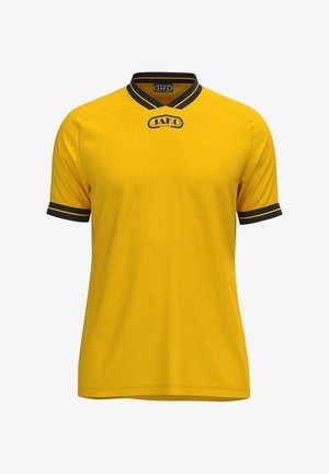 Gele sportshirt met korte mouwen en zwarte strepen op de kraag en manchetten, met het JAKO Sport-logo op de borst en binnenin de kraag.