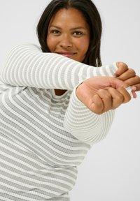 Long-sleeve shirt featuring a ribbed texture with alternating light gray and white stripes. The shirt has a round neckline and fitted sleeves.