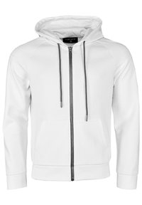 Vit zip-up hoodie med en grå dragkedja, snoddar och kängurufickor. Har ribbade muddar och nederkant, tillverkad av ett texturerat tyg.