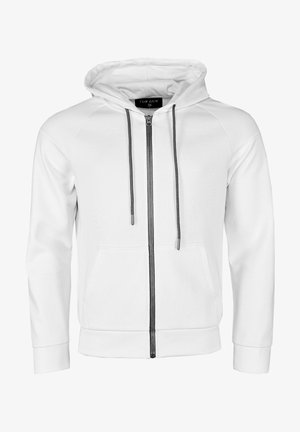 Weißer Reißverschluss-Hoodie mit grauem Reißverschluss, Kordeln und Kängurutaschen. Mit gerippten Bündchen und Saum, aus einem strukturierten Stoff gefertigt.