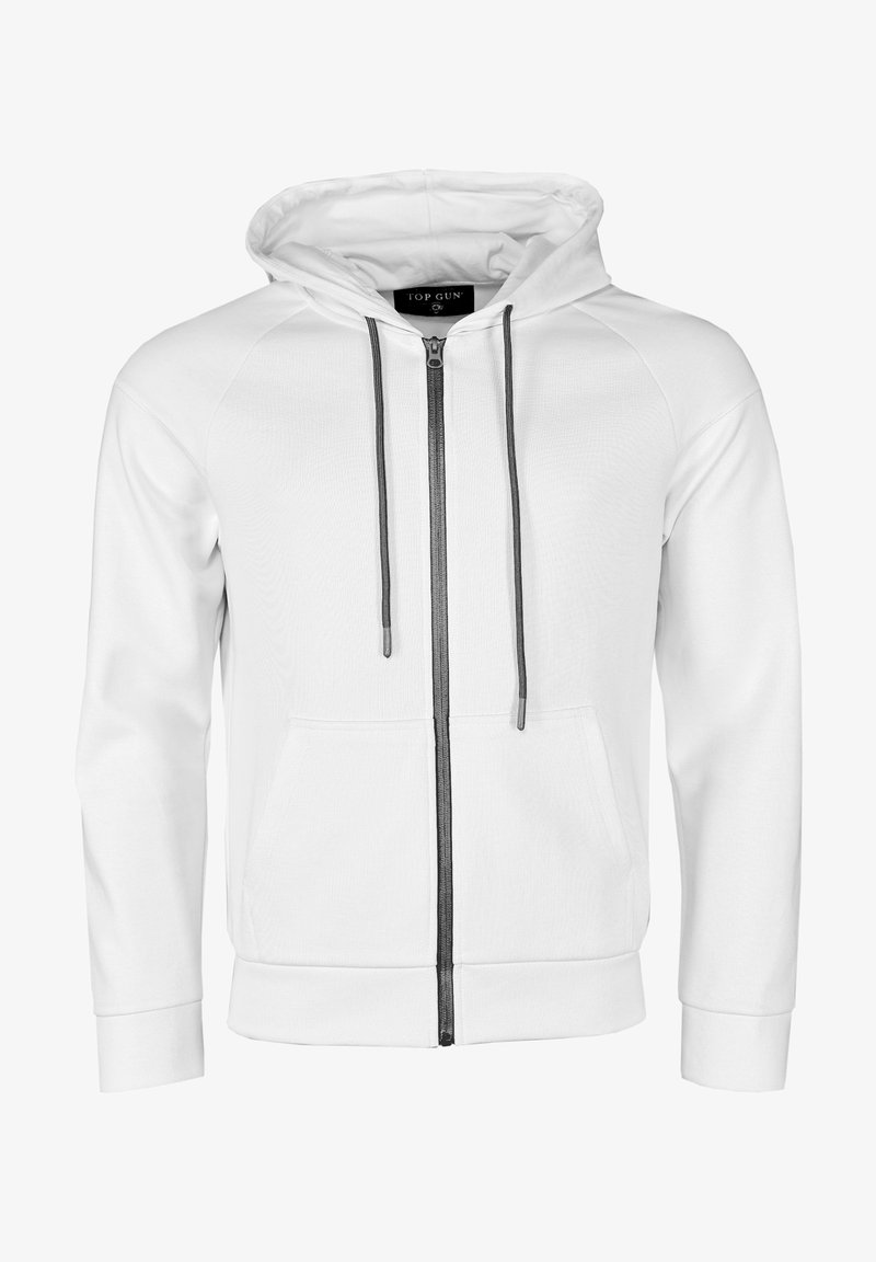 Vit zip-up hoodie med en grå dragkedja, snoddar och kängurufickor. Har ribbade muddar och nederkant, tillverkad av ett texturerat tyg.