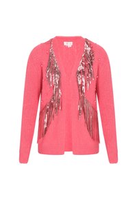 Rózsaszín kardigán flitteres rojttal, texturált gyöngyökkel és nyitott elülső résszel. Puha anyagból, hosszú ujjakkal és laza szabással.