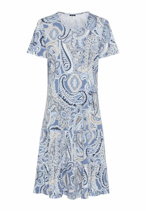 Kurzesärmliges Kleid aus hellblauem Stoff mit einem Paisleymuster in Creme und Dunkelblau sowie einem weit schwingenden Rockdesign.