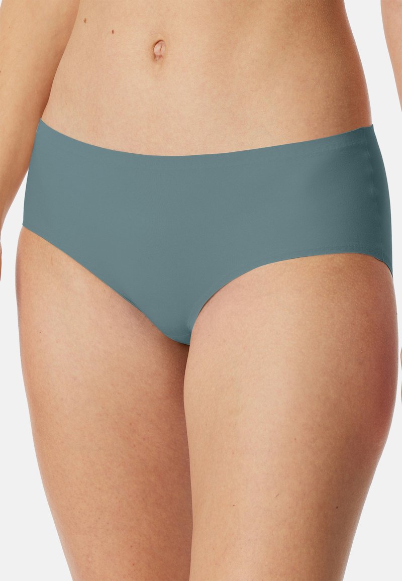 High-waisted bikini bottom in a solid teal color, made of smooth, stretchy fabric with a seamless design and minimal coverage.