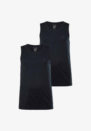 Twee zwarte, mouwloze katoenen tanktops met ronde hals en subtiele logo-detail op de borst. Vlotte textuur en klassiek design.