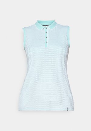 Sleeveless polo shirt in light blue textured fabric, featuring a collared neckline, five button placket, and contrasting mint green accents.