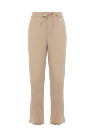 Pantaloni leggeri beige con vita elasticizzata, coulisse e gamba dritta. Presentano tasche laterali discrete e dettagli ricamati.