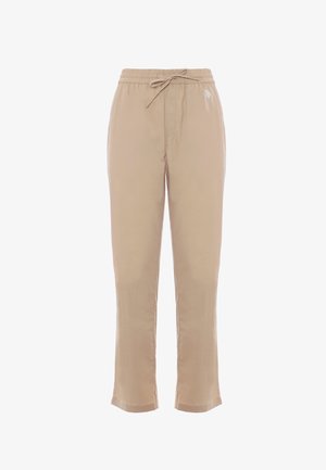 Pantaloni leggeri beige con vita elasticizzata, coulisse e gamba dritta. Presentano tasche laterali discrete e dettagli ricamati.