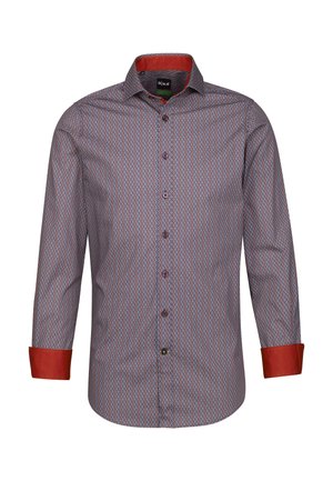 Langarmshirt mit rot-blauem Muster, mit Kentkragen, kontrastierenden roten Manschetten und Knopfleiste. Der Stoff wirkt glatt und leicht.
