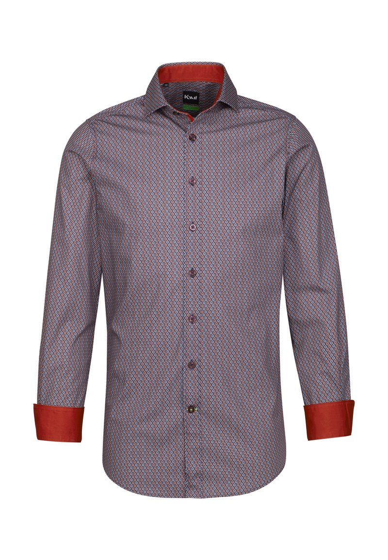 Langarmshirt mit rot-blauem Muster, mit Kentkragen, kontrastierenden roten Manschetten und Knopfleiste. Der Stoff wirkt glatt und leicht.