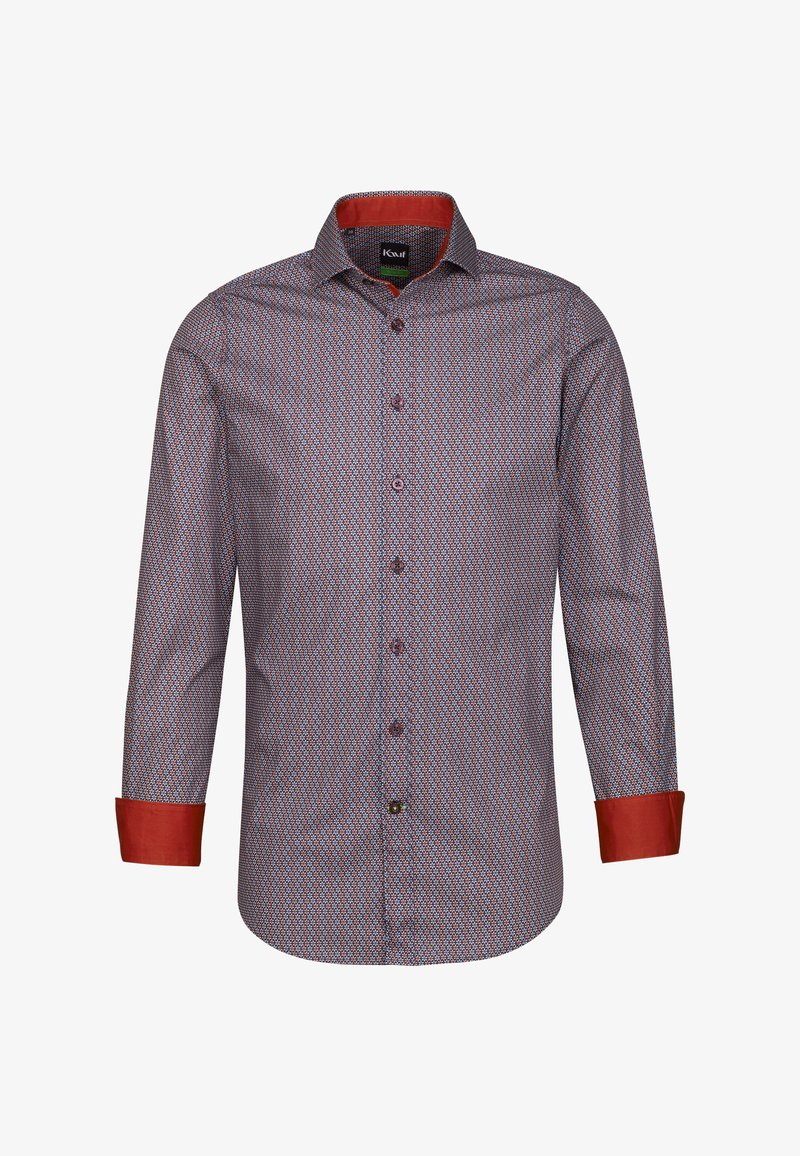 Camicia a maniche lunghe a fantasia rossa e blu con colletto aperto, polsini rossi a contrasto e chiusura con bottoni. Il tessuto sembra liscio e leggero.