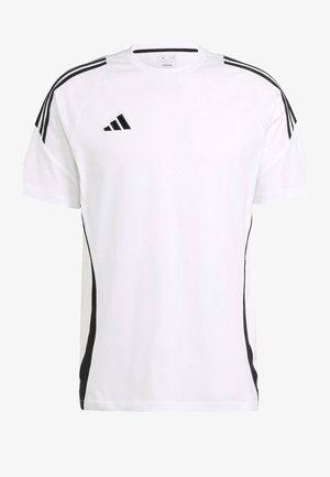 Weißes Kurzarm-T-Shirt mit schwarzen Seiteneinsätzen und drei schwarzen Streifen auf den Schultern. Hergestellt aus weichem Stoff, mit einem runden Ausschnitt.