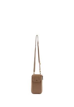 Petit sac bandoulière rectangulaire beige avec poche avant à bouton, fermeture éclair et bandoulière réglable.