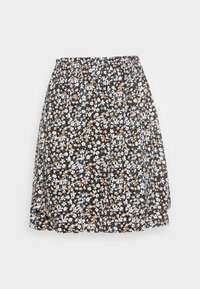 Blumenrock mit schwarzem Hintergrund und kleinen blauen, weißen und pfirsichfarbenen Blumen. Elastischer Taillenbund; weicher, leichter Stoff; ausgestellter Schnitt.