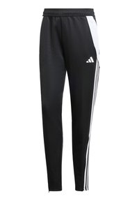 Black athletic pants with a tapered fit, made of smooth fabric. Features white side stripes and an Adidas logo on the left thigh.