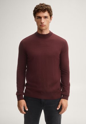 Junger Mann mit lockigem Haar, der einen eng anliegenden bordeauxfarbenen Langarmpullover und schwarze Hose trägt, steht vor einem schlichten hellen Hintergrund.
