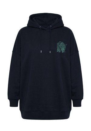 Granatowa bluza z kapturem, z długimi rękawami, kapturem na sznurki i małą zieloną grafiką głowy lamparta na lewej piersi.