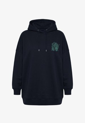 Dunkelblauer Kapuzenpullover mit langen Ärmeln, verstellbarer Kapuze und kleinem grünen Leopardenkopf-Logo auf der linken Brust.