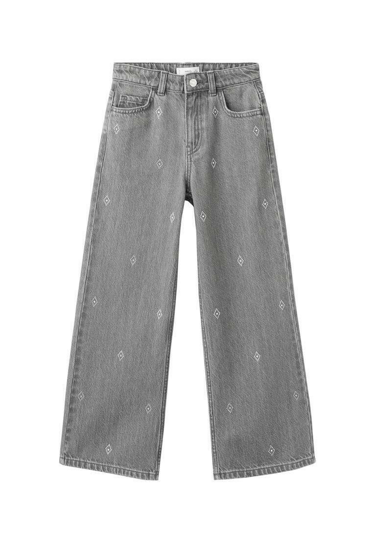 Jeans grigi a gamba larga in denim, con motivi a diamante ricamati su tutta la superficie. Il design include un bottone frontale e quattro tasche.