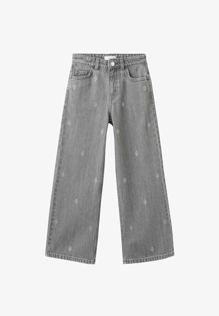 Jeans grigi a gamba larga in denim, con motivi a diamante ricamati su tutta la superficie. Il design include un bottone frontale e quattro tasche.