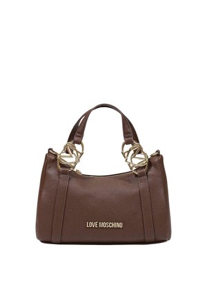 Sac à main Love Moschino en cuir marron avec double poignée ornée de maillons dorés en forme de cœur et fermeture zippée sur le dessus.