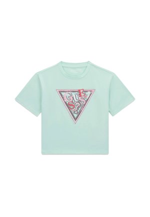 Mintgrünes T-Shirt mit kurzen Ärmeln, ausgestattet mit einer dreieckigen Grafik mit Schriftzug in Pink und Schwarz sowie einem Rundhalsausschnitt.