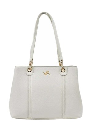 Bolso de mano de cuero blanco con dobles asas para el hombro, herrajes dorados y un pequeño logo dorado centrado cerca de la parte superior.