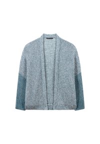 Hellblaues, offenes Cardigan aus strukturiertem Strickstoff. Hat ein Farbverlauf-Design mit dunkleren blauen Ärmeln und gerippten Bündchen.