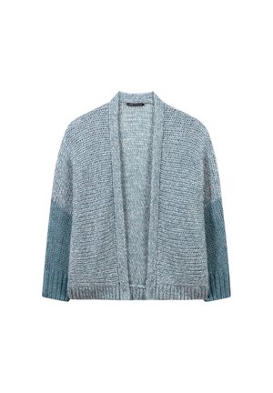 Light blue open-front cardigan made from textured knit fabric. Features a gradient design with darker blue sleeves and ribbed cuffs.