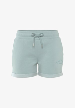 Light blue cotton shorts with rolled cuffs, an embroidered logo, and a drawstring waist closure. Soft texture with a relaxed fit.