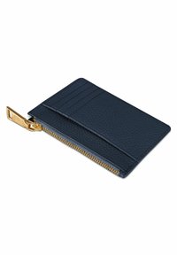 Portafoglio in pelle blu navy con finitura texturizzata, zip dorata, slot esterni per carte e forma rettangolare slim.