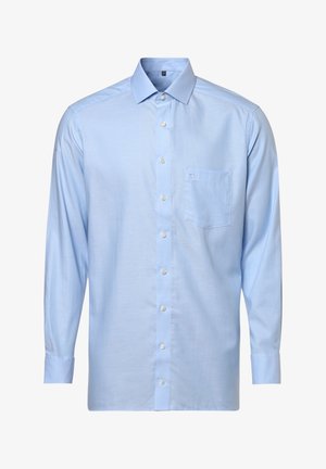 Jasnoniebieska koszula z długim rękawem, zapinana na guziki, wykonana z gładkiego materiału. Posiada klasyczny kołnierzyk, kieszeń z przodu oraz białe guziki wzdłuż przodu.