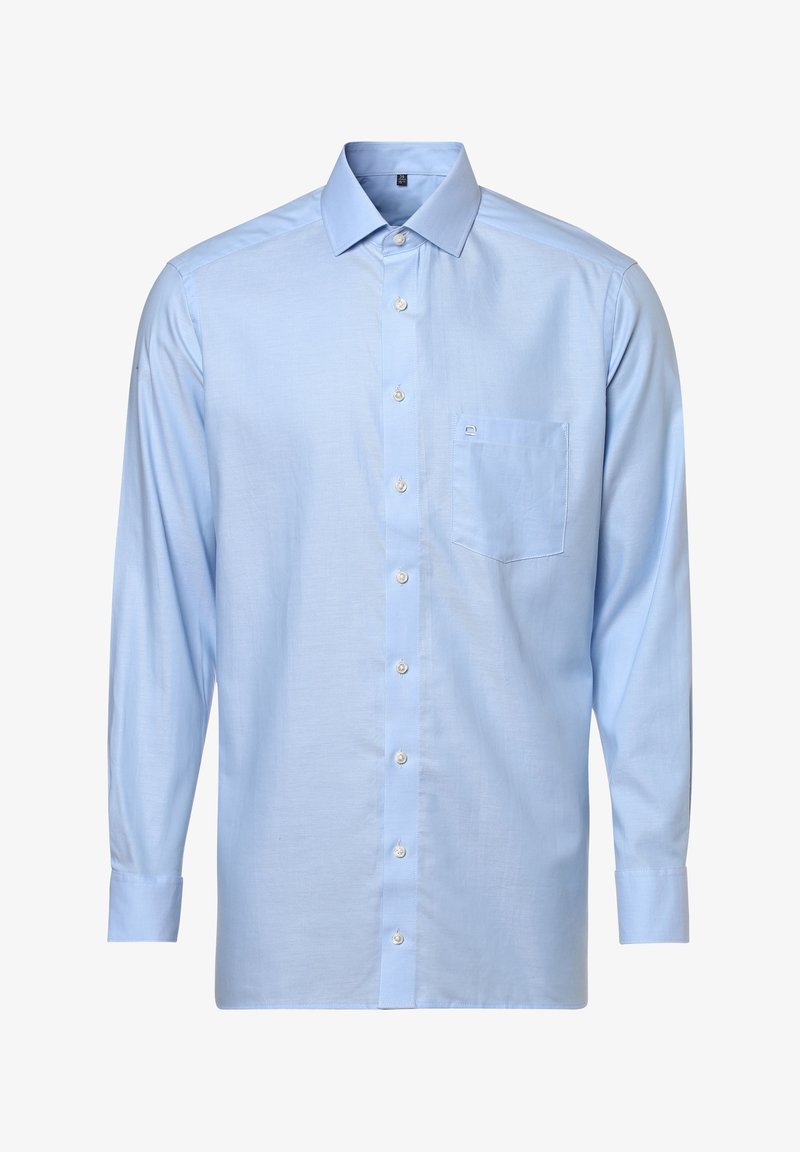 Helles blaues Langarm-Hemd aus glattem Stoff. Verfügt über einen klassischen Kragen, eine Brusttasche und weiße Knöpfe entlang der Knopfleiste.