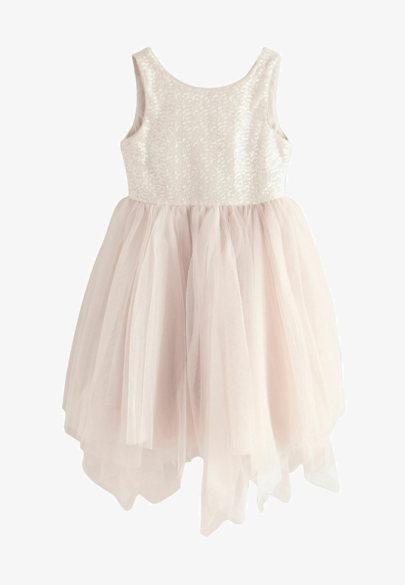 Robe rose pâle avec un corsage en sequins et une jupe en tulle superposée. Texture lisse sur le haut, tissu fluide et léger en dessous.