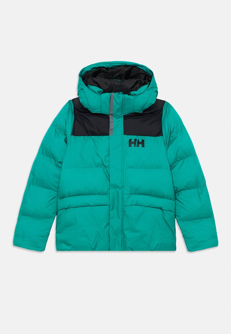Giacca a vento teal con pannello nero sulle spalle, cappuccio, zip frontale, tasche laterali e logo sul petto.