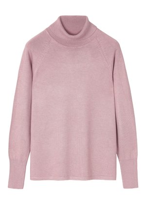 Pull à col roulé rose clair à manches longues, avec un col, des poignets et des manches raglan côtelés, présenté sur un fond blanc.