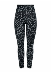 Svarta och grå leopardmönstrade leggings med hög midja, åtsittande design, slät textur och ankellängd utan synliga detaljer.
