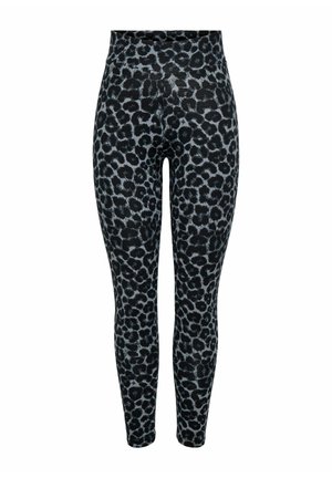 Schwarze und graue Leopardenmuster-Leggings mit hohem Bund, enganliegendem Design, glatter Textur und knöchellanger Länge ohne sichtbare Beschläge.