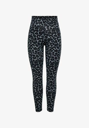 Zwarte en grijze legging met luipaardprint, met een hoge tailleband, aansluitend ontwerp, gladde textuur en enkel lengte zonder zichtbare hardware.