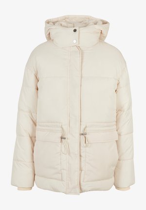 Beige, dunjakke med hette, som har to frontlommer, snøring i livet og ribbestrikkede mansjetter. Glatt tekstur med en quiltet mønster.