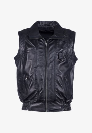 Sort lædervest med lynlås foran, høj krave, to sidelommer med lynlås og en løkkeaccent på brystet. Struktureret overflade, ærmeløs design.