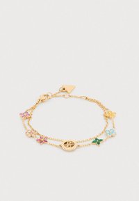 Βραχιόλι από χρυσό με πολύχρωμα μοτίφ λουλουδιών με πολύτιμους λίθους, κυκλικό κεντρικό μενταγιόν και λεπτό διπλό σχέδιο αλυσίδας.