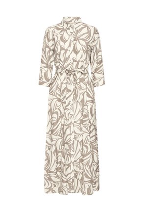 Blousejurk met een beige achtergrond met witte bladpatronen, driekwart mouwen, een ceintuur in de taille en een ontwerp met volledige lengte.