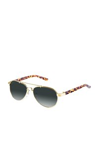 Ochelari de soare aviator din metal auriu cu lentile gri degradé. Brațele au un model de țestoasă în nuanțe de maro și portocaliu.