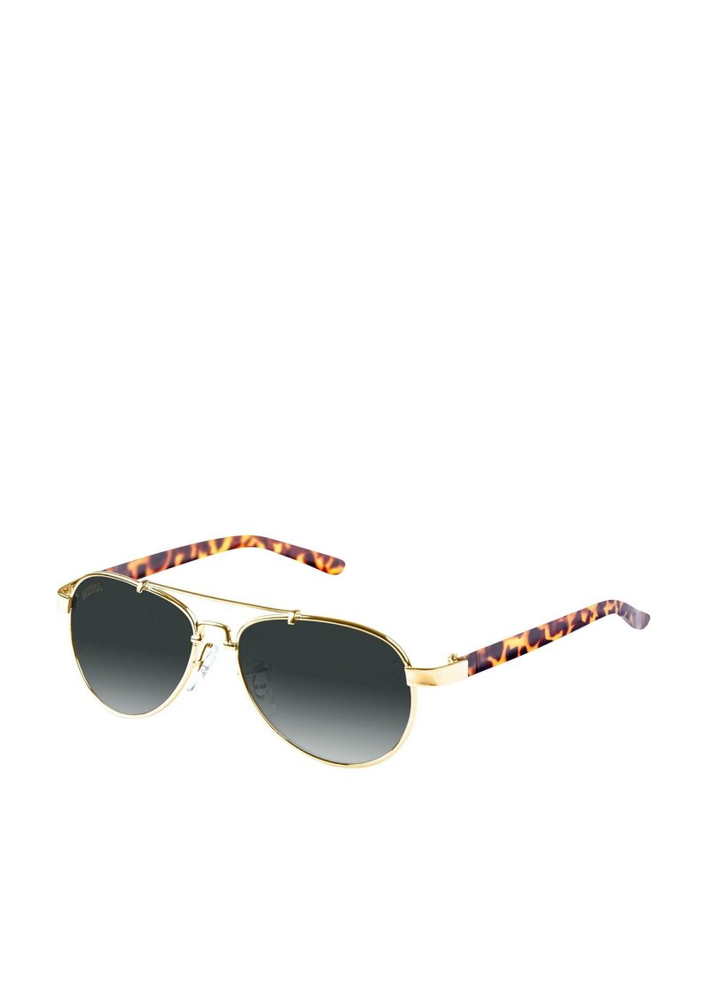 Ochelari de soare aviator din metal auriu cu lentile gri degradé. Brațele au un model de țestoasă în nuanțe de maro și portocaliu.
